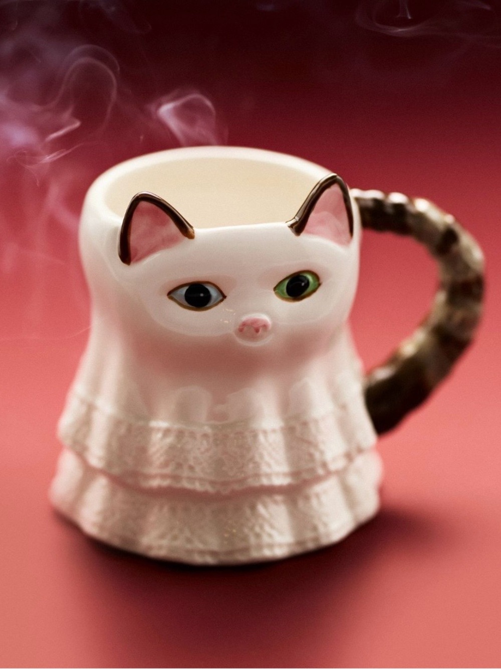 Anthropologie White Ghost Cat Mug with Brown Striped Tail Handle